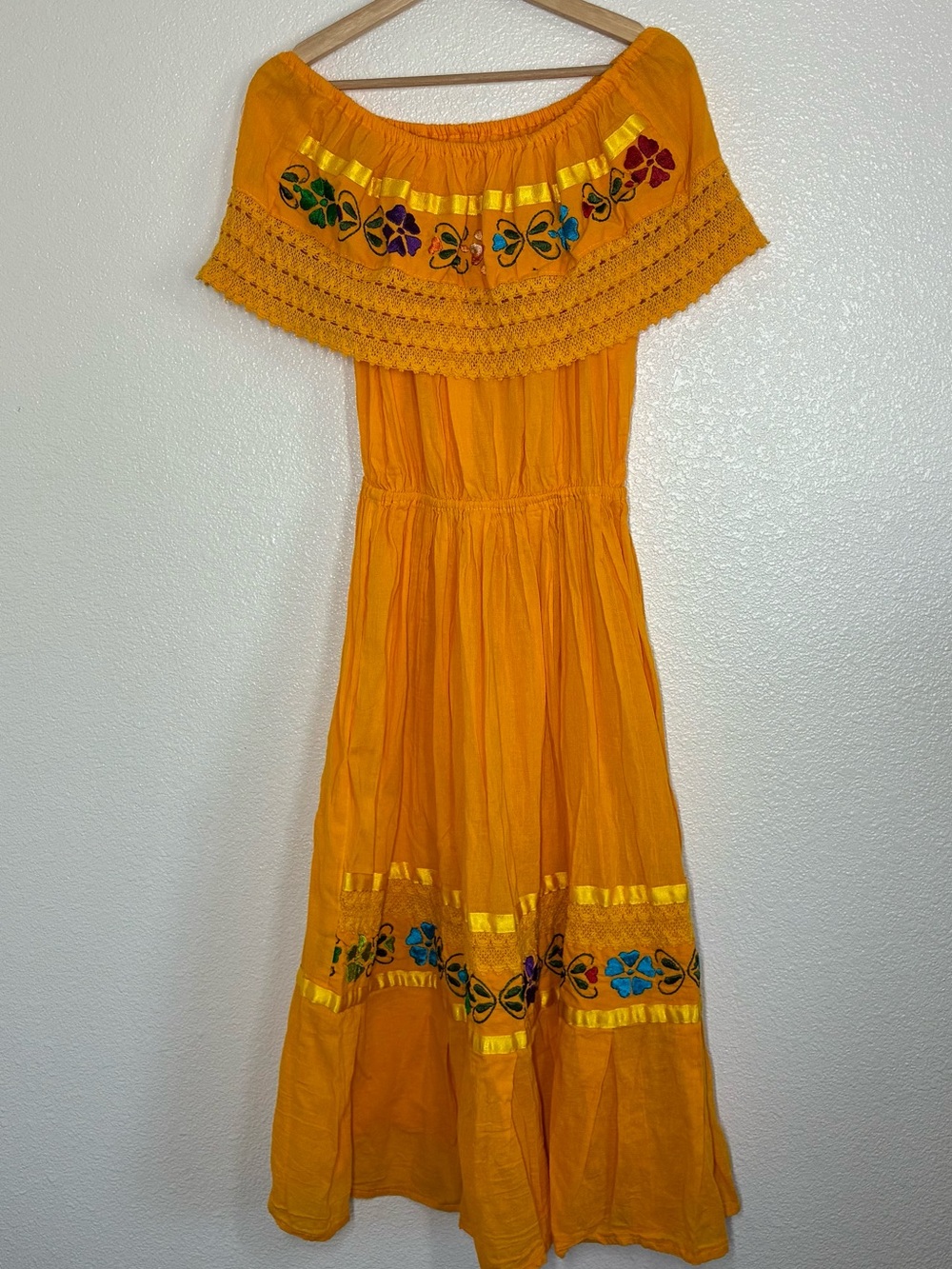 Mexican Dress Womens Large Yellow Embroidered Off Shoulder Boho Maxi Sundress